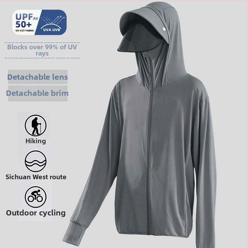 Meeste päikesekaitsekapuutsiga jakk, õhuke Ice Silk kangas, hingav UPF50+, 95% polüester