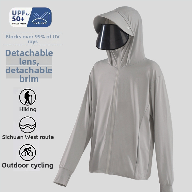 Meeste päikesekaitsekapuutsiga jakk, õhuke Ice Silk kangas, hingav UPF50+, 95% polüester