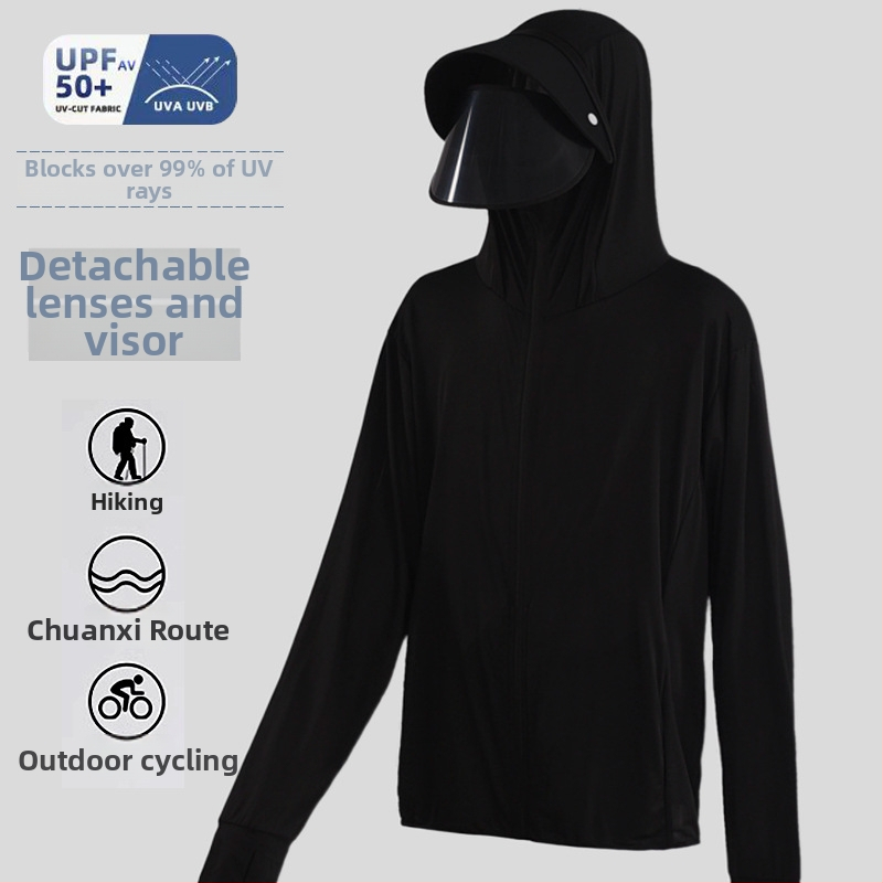 Meeste päikesekaitsekapuutsiga jakk, õhuke Ice Silk kangas, hingav UPF50+, 95% polüester