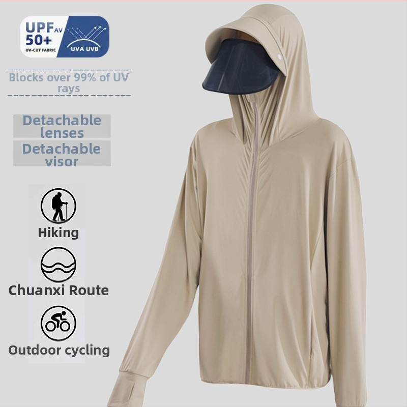 Meeste päikesekaitsekapuutsiga jakk, õhuke Ice Silk kangas, hingav UPF50+, 95% polüester