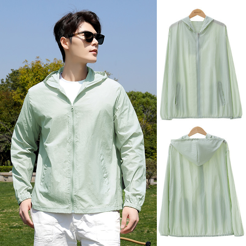 Vyrų kvėpuojanti UV apsaugos nuo saulės vėjo striukė, lengvas poliesterio audinys, su gobtuvu