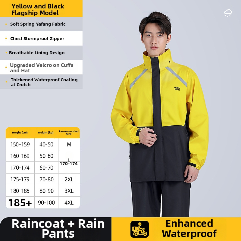 Išskirtas lietaus striukės su kelnais komplektas motoriniam važiavimui, vandeniui atsparus PVC sluoksnis, Chunya Spinning audinys, suaugusieji, logotipo pritaikymas