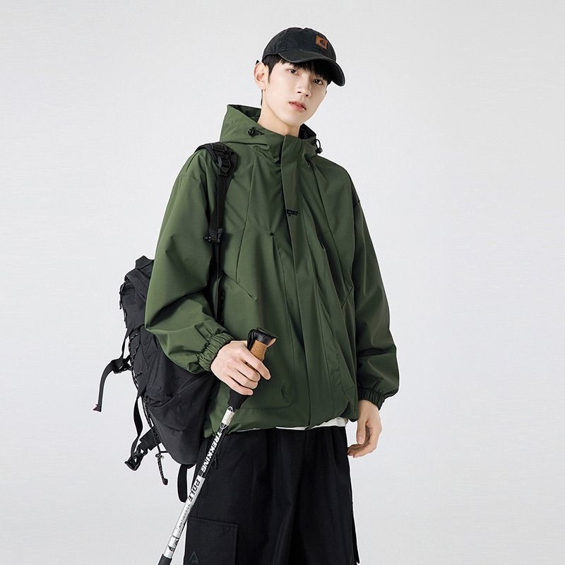 Pánska outdoorová bunda na jaru a jeseň, vodotesná a vetruodolná, s kapucňou, voľný strih, 80% polyester, Little Oxford tkanina