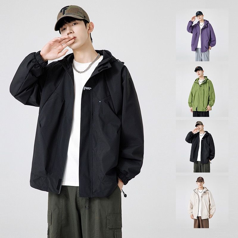 Pánska outdoorová bunda na jaru a jeseň, vodotesná a vetruodolná, s kapucňou, voľný strih, 80% polyester, Little Oxford tkanina