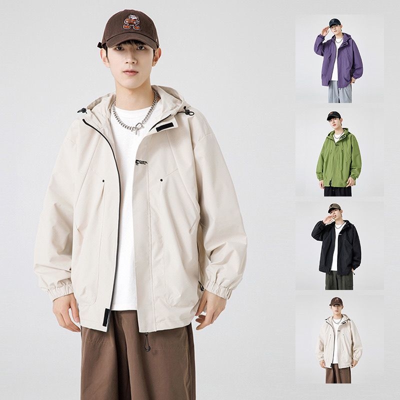 Pánska outdoorová bunda na jaru a jeseň, vodotesná a vetruodolná, s kapucňou, voľný strih, 80% polyester, Little Oxford tkanina