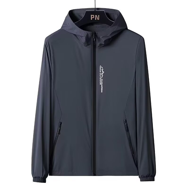 Kapuutsiga päikesekaitse jope, õhuke polüester, suvi, eesmine tõmblukk, külje taskud