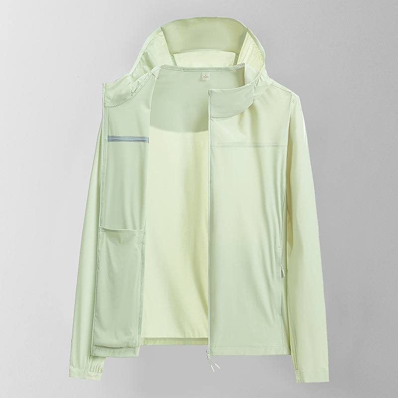 Unisex vasarinė vėjo striukė su UPF50+ saulės apsauga, gobtuvą, dryžuotas raštas, greitai džiūsta, 83% nylonas / 17% spandekso