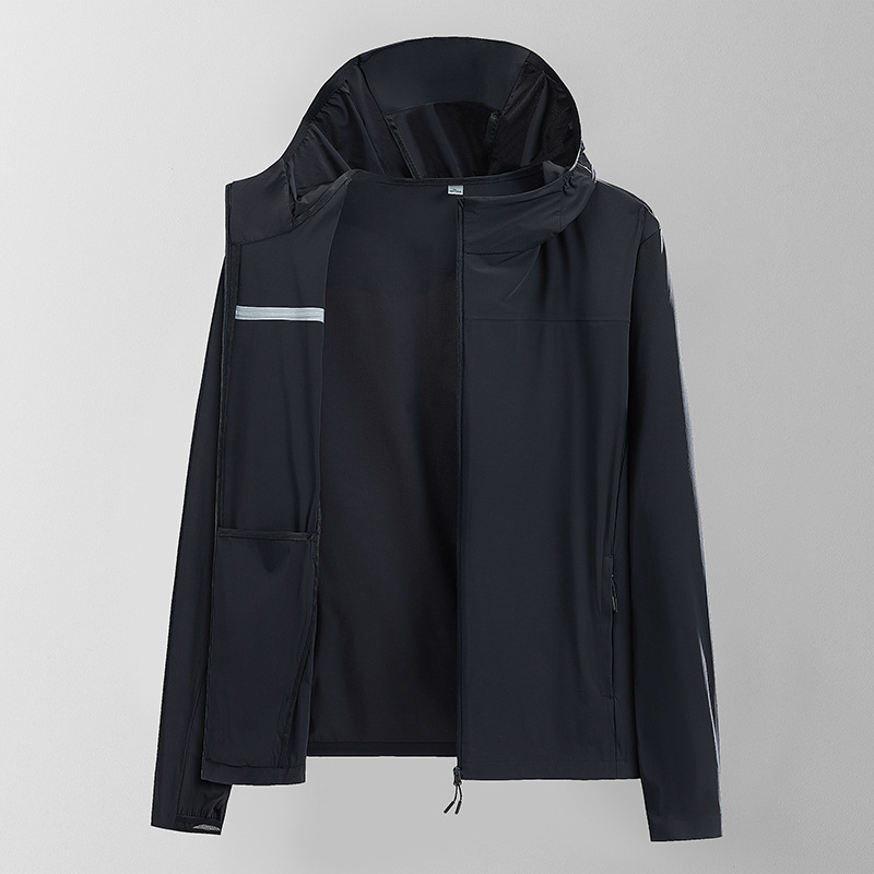 Unisex vasarinė vėjo striukė su UPF50+ saulės apsauga, gobtuvą, dryžuotas raštas, greitai džiūsta, 83% nylonas / 17% spandekso