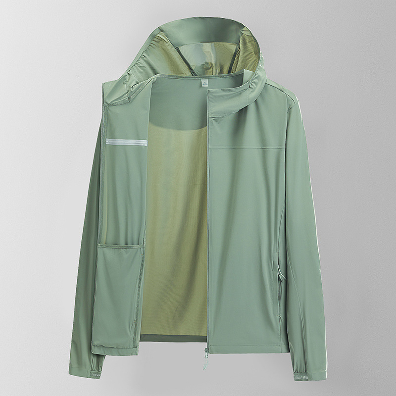 Unisex vasarinė vėjo striukė su UPF50+ saulės apsauga, gobtuvą, dryžuotas raštas, greitai džiūsta, 83% nylonas / 17% spandekso