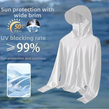 Päikesekaitsekapuutsiga jakk suveks — hingav polüesteri segu, õhuke kangas, tõmblukk, kolmemõõtmelised patch taskud