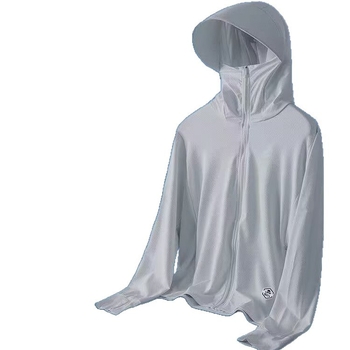 Päikesekaitsekapuutsiga jakk suveks — hingav polüesteri segu, õhuke kangas, tõmblukk, kolmemõõtmelised patch taskud