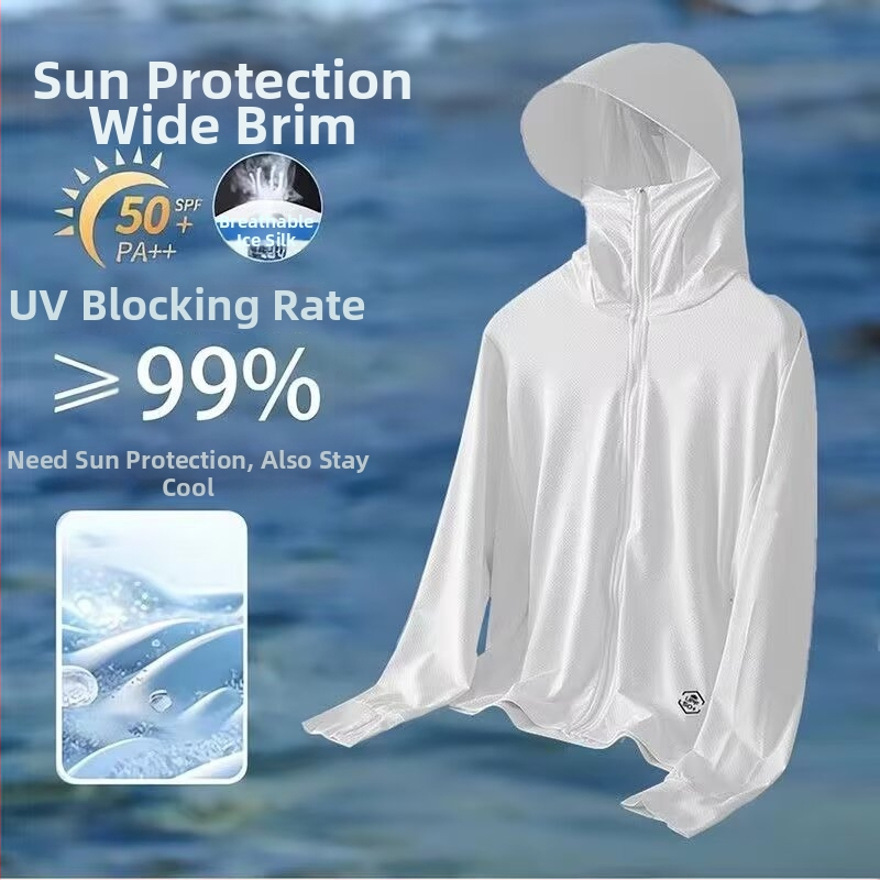 Päikesekaitsekapuutsiga jakk suveks — hingav polüesteri segu, õhuke kangas, tõmblukk, kolmemõõtmelised patch taskud