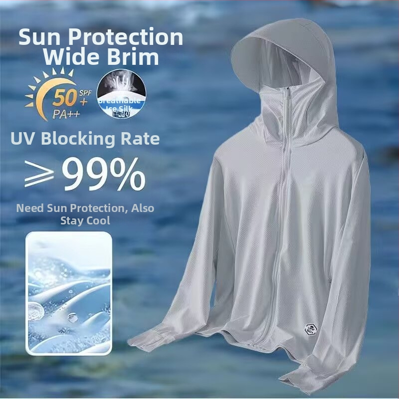 Päikesekaitsekapuutsiga jakk suveks — hingav polüesteri segu, õhuke kangas, tõmblukk, kolmemõõtmelised patch taskud