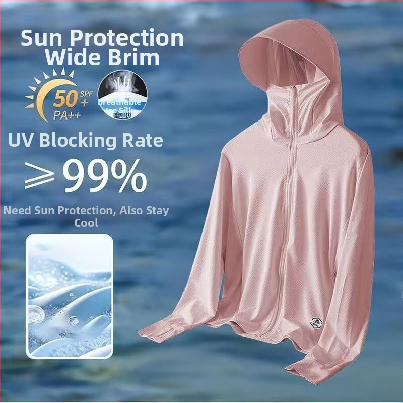 Päikesekaitsekapuutsiga jakk suveks — hingav polüesteri segu, õhuke kangas, tõmblukk, kolmemõõtmelised patch taskud