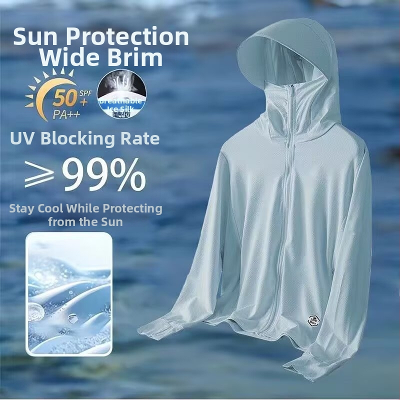 Päikesekaitsekapuutsiga jakk suveks — hingav polüesteri segu, õhuke kangas, tõmblukk, kolmemõõtmelised patch taskud