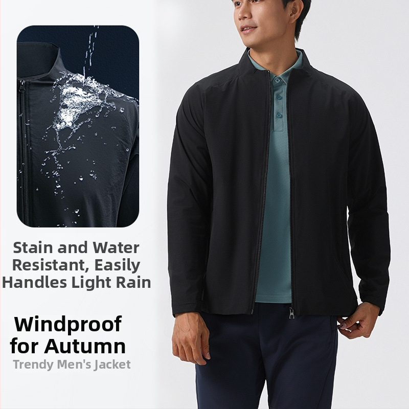 Vīriešu ūdensizturīga dubultslāņa jaka ar stāvošu apkakli, garām piedurknēm, austs audums