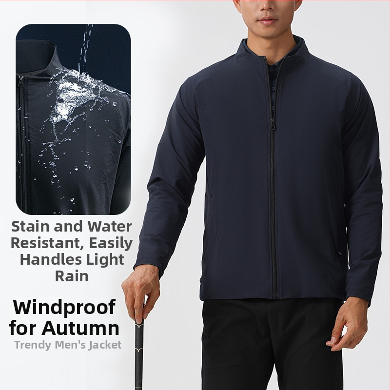 Vīriešu ūdensizturīga dubultslāņa jaka ar stāvošu apkakli, garām piedurknēm, austs audums