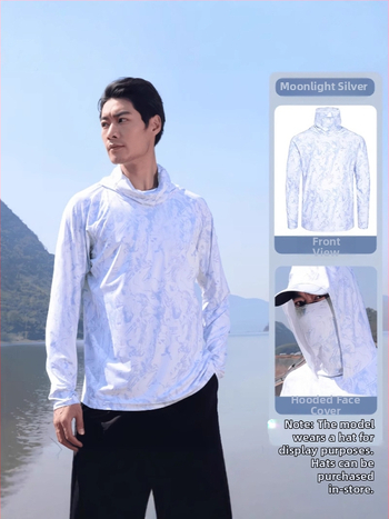 Meeste kamuflaažiline kalastus päikesekaitse jope — väga õhuke Ice Silk, hingav polüester, kapuutsiga, suvi