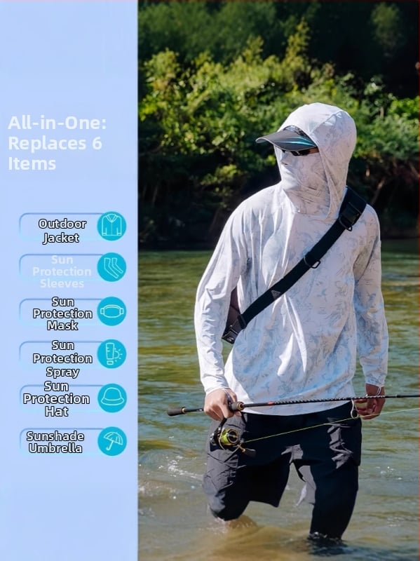 Meeste kamuflaažiline kalastus päikesekaitse jope — väga õhuke Ice Silk, hingav polüester, kapuutsiga, suvi