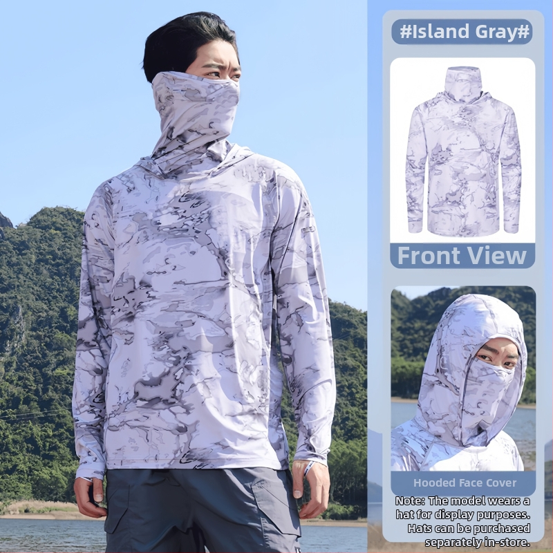 Meeste kamuflaažiline kalastus päikesekaitse jope — väga õhuke Ice Silk, hingav polüester, kapuutsiga, suvi