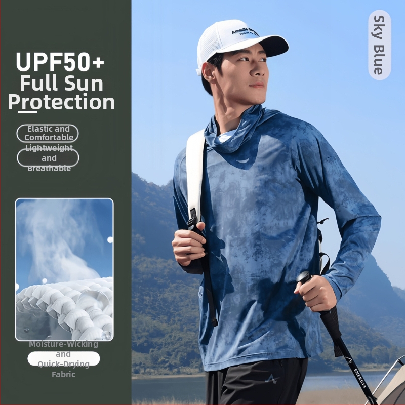 Meeste kamuflaažiline kalastus päikesekaitse jope — väga õhuke Ice Silk, hingav polüester, kapuutsiga, suvi
