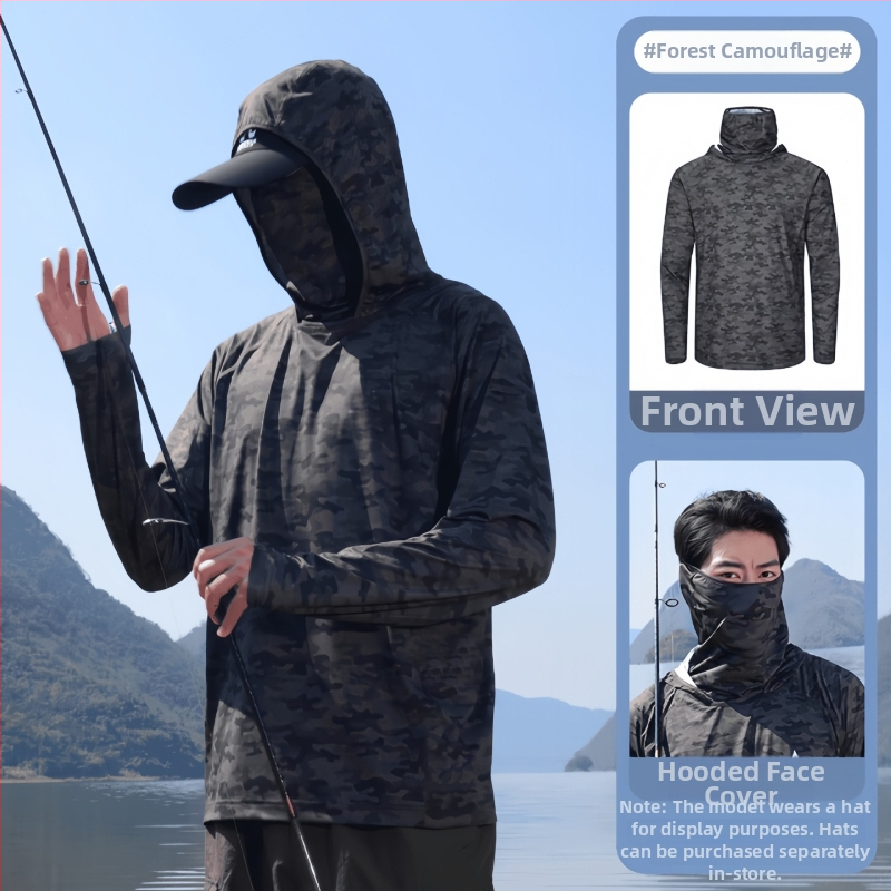 Meeste kamuflaažiline kalastus päikesekaitse jope — väga õhuke Ice Silk, hingav polüester, kapuutsiga, suvi