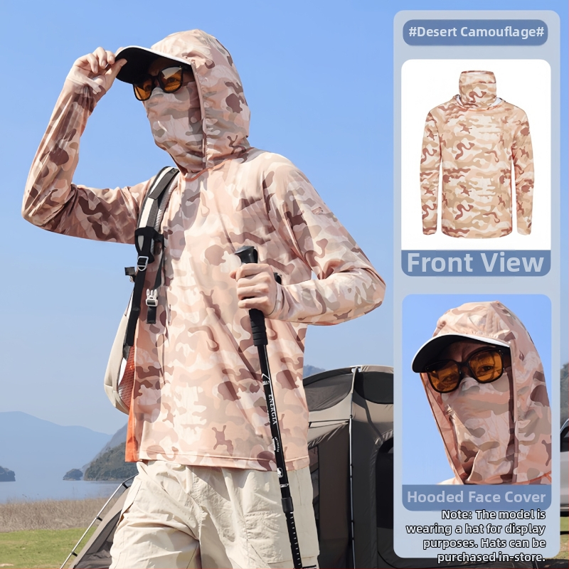 Meeste kamuflaažiline kalastus päikesekaitse jope — väga õhuke Ice Silk, hingav polüester, kapuutsiga, suvi