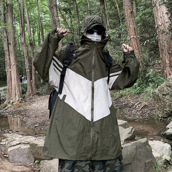 Suveline kapuutsiga jakk UV-kaitsega ja kontrastsete värvidega — kiirelt kuivav polüester, matkamiseks ja telkimiseks