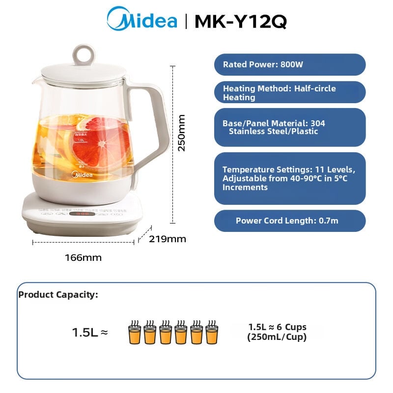Ceainic de sănătate pentru birou – corp din sticlă borosilicată, 1–1,5 L, 220V, 500–1000W, termostat digital