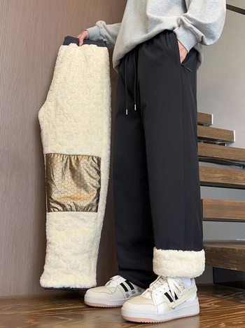 Pantaloni casual pentru bărbați, cu fleece pentru iarnă – croială dreaptă, talie medie, închidere cu șiret, 100% poliester