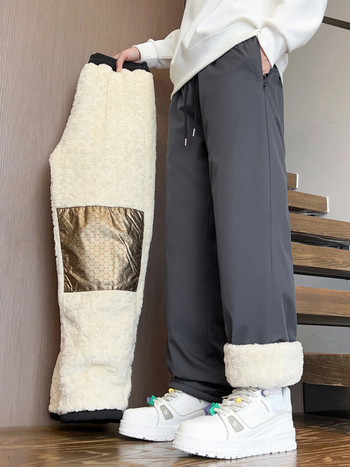 Pantaloni casual pentru bărbați, cu fleece pentru iarnă – croială dreaptă, talie medie, închidere cu șiret, 100% poliester