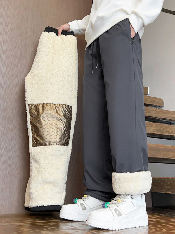 Pantaloni casual pentru bărbați, cu fleece pentru iarnă – croială dreaptă, talie medie, închidere cu șiret, 100% poliester