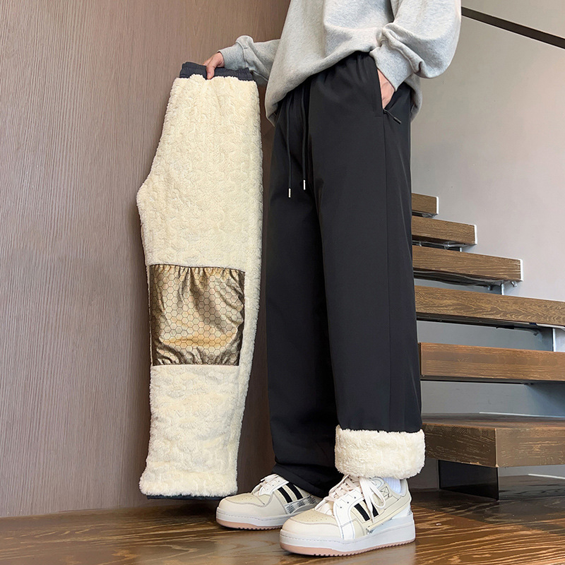 Pantaloni casual pentru bărbați, cu fleece pentru iarnă – croială dreaptă, talie medie, închidere cu șiret, 100% poliester