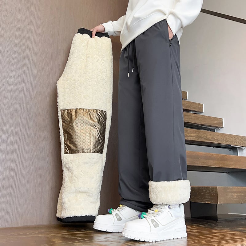 Pantaloni casual pentru bărbați, cu fleece pentru iarnă – croială dreaptă, talie medie, închidere cu șiret, 100% poliester