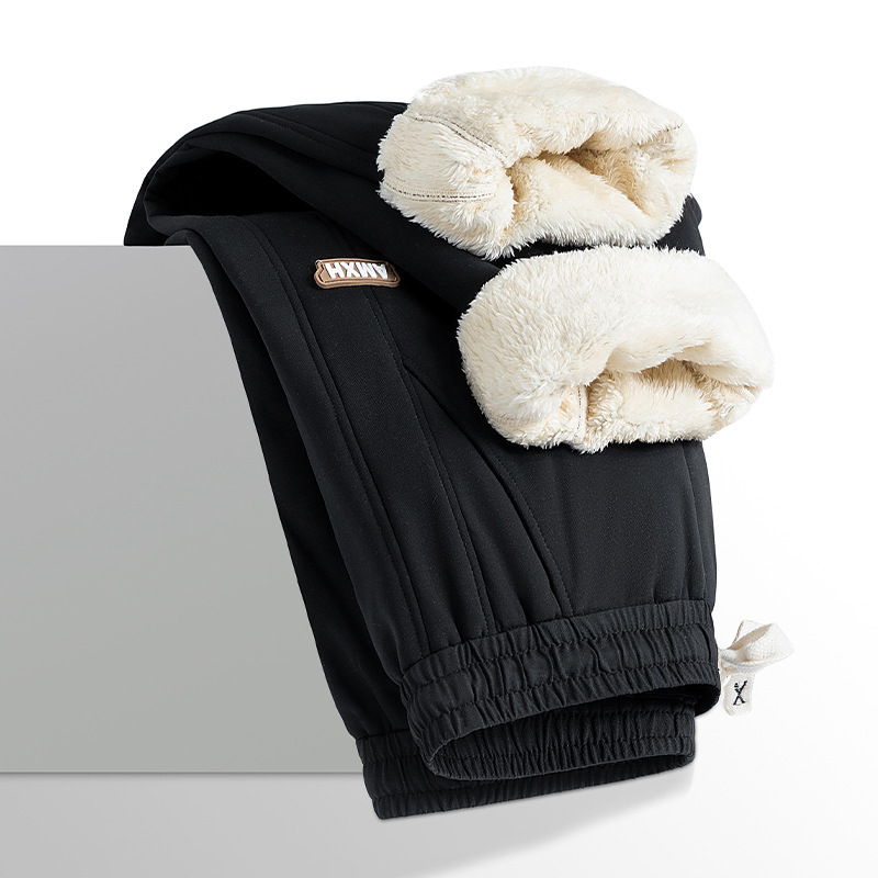 Muške zimske sportske hlače s fleece podstavom, visokim strukom, ravnim krojem, poliester, vezanje sprijeda, casual