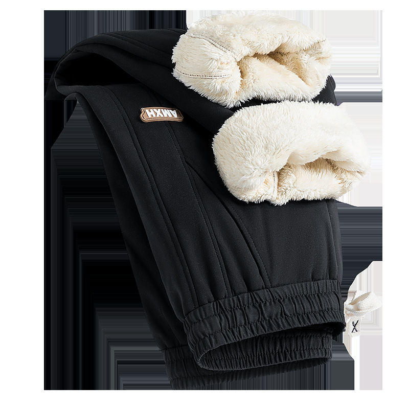Muške zimske sportske hlače s fleece podstavom, visokim strukom, ravnim krojem, poliester, vezanje sprijeda, casual