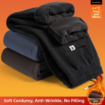 Pantaloni de iarnă din corduroy, căptușiți cu fleece, croială dreaptă, talie medie, șiret în talie, model dungat