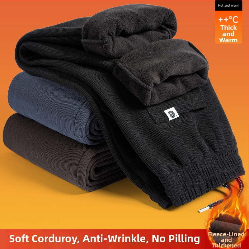 Pantaloni de iarnă din corduroy, căptușiți cu fleece, croială dreaptă, talie medie, șiret în talie, model dungat