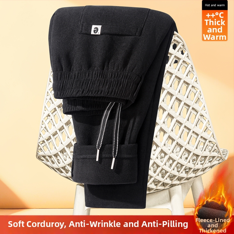 Pantaloni de iarnă din corduroy, căptușiți cu fleece, croială dreaptă, talie medie, șiret în talie, model dungat