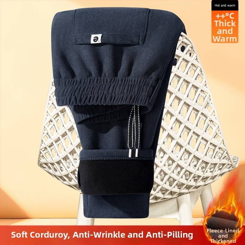 Pantaloni de iarnă din corduroy, căptușiți cu fleece, croială dreaptă, talie medie, șiret în talie, model dungat