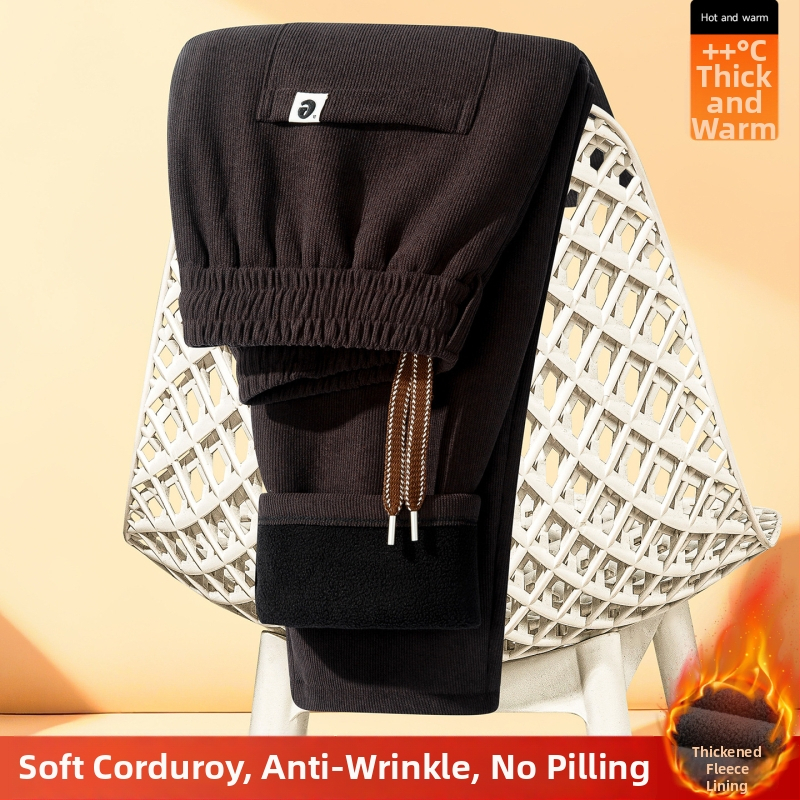 Pantaloni de iarnă din corduroy, căptușiți cu fleece, croială dreaptă, talie medie, șiret în talie, model dungat