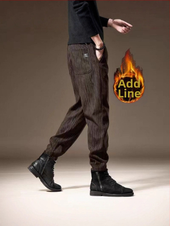 Meeste talvekas casualpüksid, fliisvooder, sirge lõige, triibuline muster, keskmine vöökoht, köisuga sulgemine