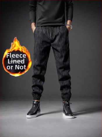 Meeste talvekas casualpüksid, fliisvooder, sirge lõige, triibuline muster, keskmine vöökoht, köisuga sulgemine