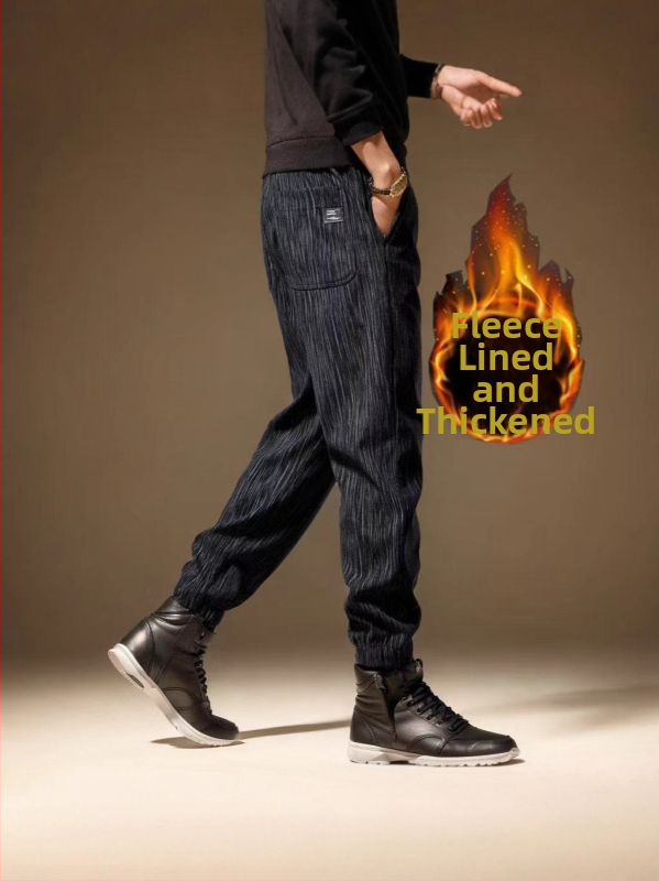 Meeste talvekas casualpüksid, fliisvooder, sirge lõige, triibuline muster, keskmine vöökoht, köisuga sulgemine