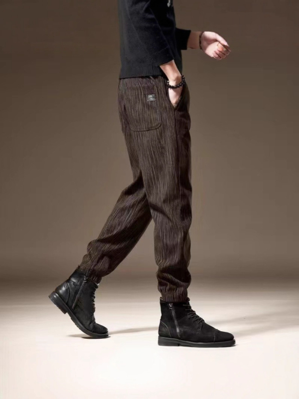 Meeste talvekas casualpüksid, fliisvooder, sirge lõige, triibuline muster, keskmine vöökoht, köisuga sulgemine