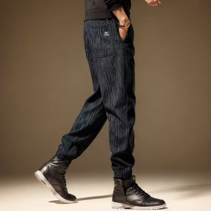 Meeste talvekas casualpüksid, fliisvooder, sirge lõige, triibuline muster, keskmine vöökoht, köisuga sulgemine