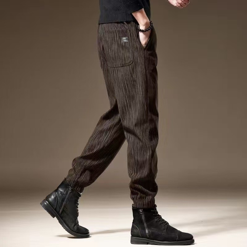 Meeste talvekas casualpüksid, fliisvooder, sirge lõige, triibuline muster, keskmine vöökoht, köisuga sulgemine