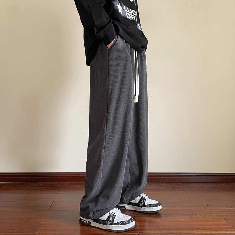 Pantaloni bărbătești corduroy căptuți cu fleece, croială lejeră, talie medie, închidere cu șnur, pentru iarnă