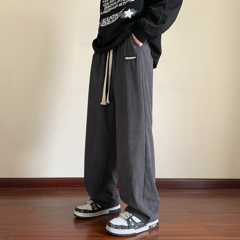 Pantaloni bărbătești corduroy căptuți cu fleece, croială lejeră, talie medie, închidere cu șnur, pentru iarnă