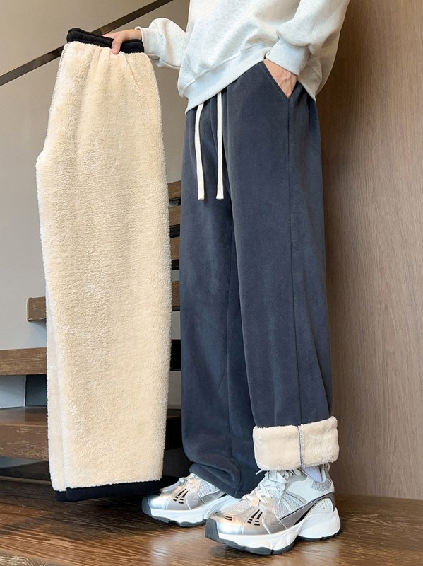 Pantaloni casual de iarnă pentru bărbați, cu fleece, croială dreaptă, talie medie, închidere cu șnur